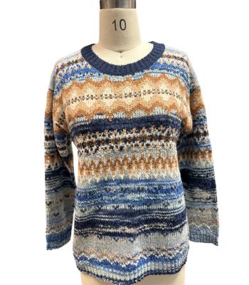Women Blue Web Round Neck Ombre Sweater Top KN25552