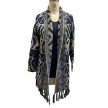 Women Blue Multi Aztec Fringe Open Front Sweater Cardigan KR25564