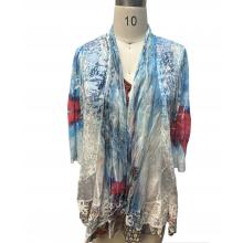 Women's Blue Burnout Floral Crochet Open Front Cardigan KS25021