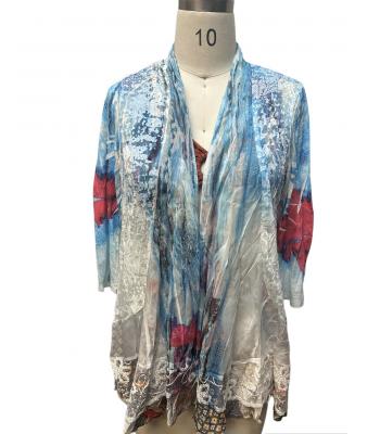 Women's Blue Burnout Floral Crochet Open Front Cardigan KS25021
