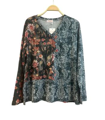 Floral Red and Grey Two Tone V Neck Boho Top KZ25612