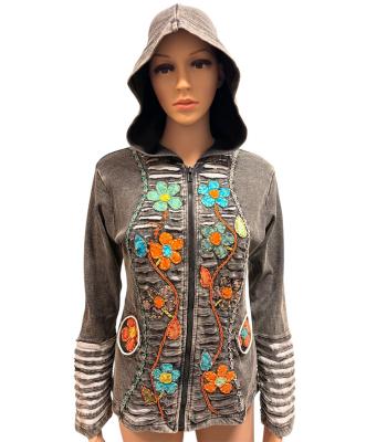 Cotton Razor Cut Patch Flower Embroidery Pointed Hood Rising Jacket NC50 