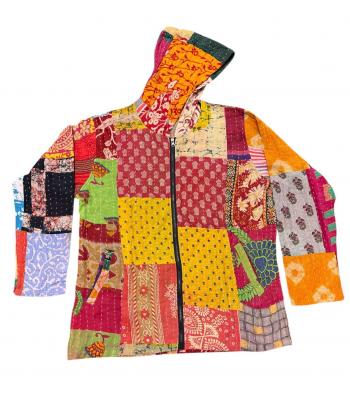Cotton Multi Color Kantha Hood Zip Jacket R26058