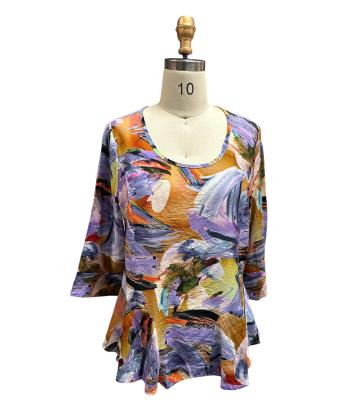3/4 Slv Purple Multi Round Neck Art Top KBS25006
