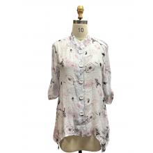Women's White and Pick Floral Button Down High Low Shirt KX25024