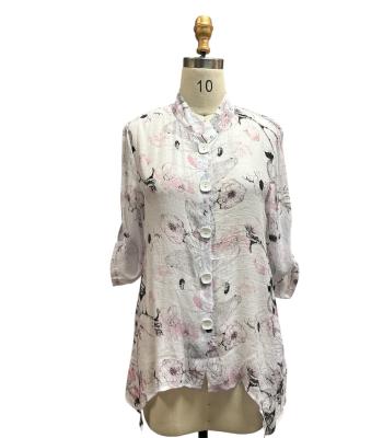 Women's White and Pick Floral Button Down High Low Shirt KX25024