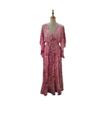 Bohemian Vintage 3/4 Bell Sleeve Pink Maxi Dress RSD28