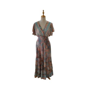 Bohemian Vintage Cap Sleeve  V neck  Teal Maxi Dress RSD29