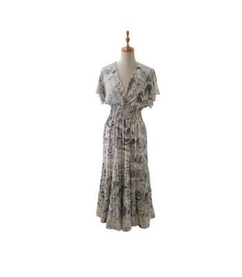 Bohemian Vintage Cap Sleeve  V neck Grey multi Maxi Dress RSD30