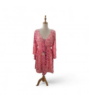 Bohemian Vintage Patch print  V neck  bell sleeve  red  floral   Tunic Dress RSD38