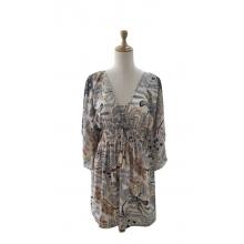 Bohemian Vintage Patch print  V neck  bell sleeve Grey Paisley  floral   Tunic Dress RSD39