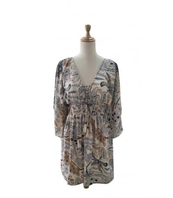Bohemian Vintage Patch print  V neck  bell sleeve Grey Paisley  floral   Tunic Dress RSD39