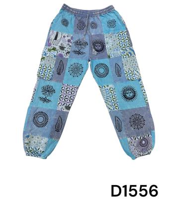 Cotton Multi Blue Patchwork Block Print Sky Pants D1556