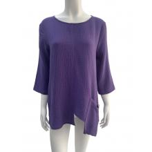 Cotton   asymmetric cut pocket 3/4 slv purple queen Top KH26195