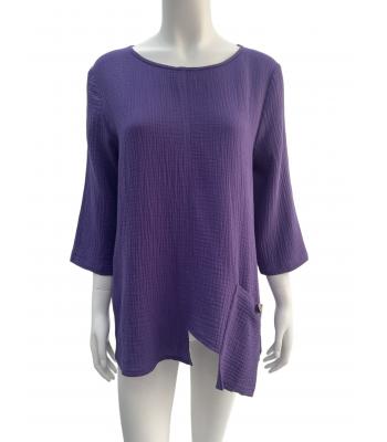 Cotton   asymmetric cut pocket 3/4 slv purple queen Top KH26195