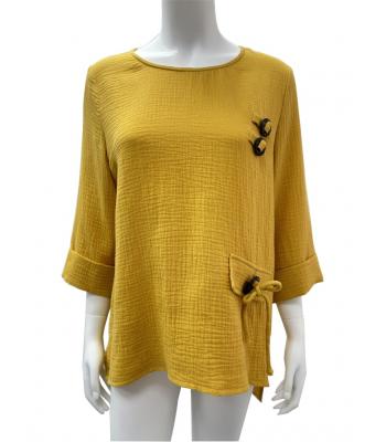 Cotton  Button and  rope Knot  Decorated  3/4 Slv  Golden Top KH26201