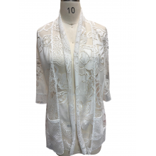 Women's White multi Lace  flower artwork pocket  Open Front Cardigan KV26147