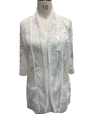 Women's White multi Lace  flower artwork pocket  Open Front Cardigan KV26147