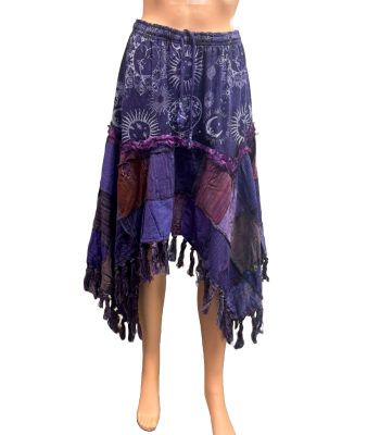Cotton Purple patchwork thread artwork fringe boho  Short Mushroom  Skirts R261122