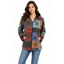 Cotton Patchwork Block Print Denim multi patch Fleece Lining Zip Up Hooded Jacket (D299)