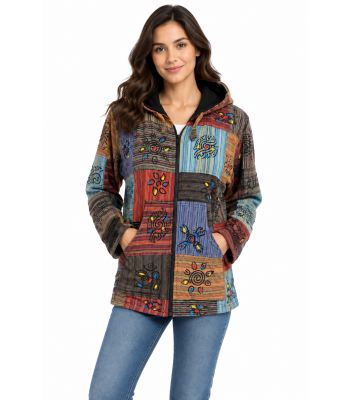 Cotton Patchwork Block Print Denim multi patch Fleece Lining Zip Up Hooded Jacket (D299)
