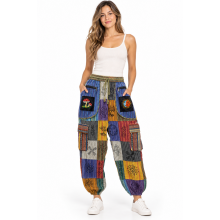 Cotton Patchwork Block Print Cherry Mushroom / Sun moon Yoga Pants D412