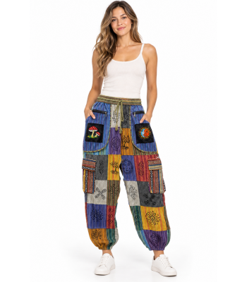 Cotton Patchwork Block Print Cherry Mushroom / Sun moon Yoga Pants D412