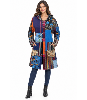 Cotton Mushroom Patch Hooded Open  Front Long Bohemian Jacket D501