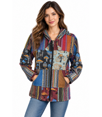Cotton Multi Patch Zip up Hooded Bohemian Mushroom Jacket (D505)