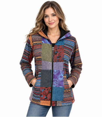 Cotton Patch Block Print Zip Hooded Lining Jacket D555