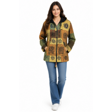 Cotton Patchwork  Block Print Dark Gold Fleece Lining Hooded Jacket (D296)