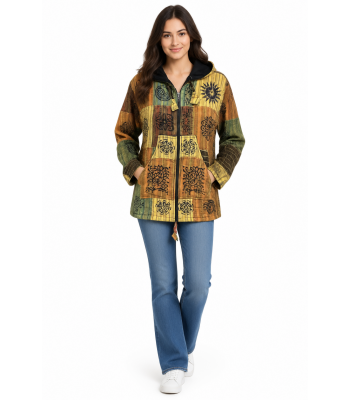 Cotton Patchwork  Block Print Dark Gold Fleece Lining Hooded Jacket (D296)