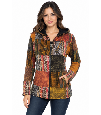 Cotton Multi Patchwork Block Print Fleece Lining Zip Jacket  D631