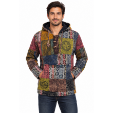 Cotton Multi Patchwork Block print three Button Fleece Lining  Pullover (D632)