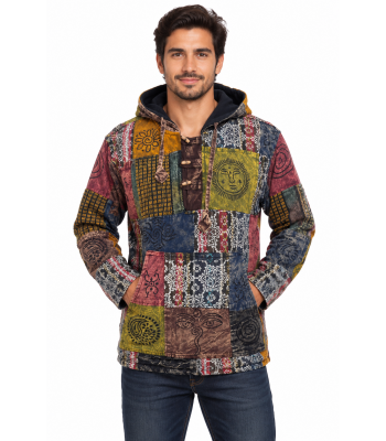 Cotton Multi Patchwork Block print three Button Fleece Lining  Pullover (D632)