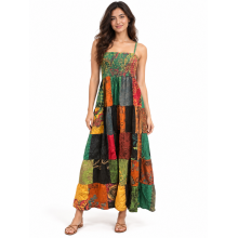 Cotton Multi Color Patchwork Boho Spaghetti Strap Bobbin Smocked Dress HF38