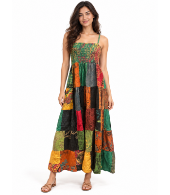 Cotton Multi Color Patchwork Boho Spaghetti Strap Bobbin Smocked Dress HF38