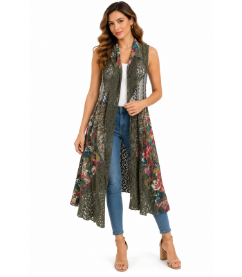 Women Multi Patchwork Long Open Front Vest Cardigan KBS2212