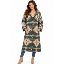 Women 4  button gray Western Aztec Hooded Long Jacket	KBS25500