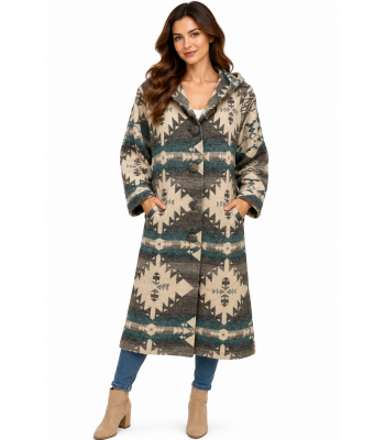 Women 4 button gray Western Aztec Hooded Long Jacket KBS25500