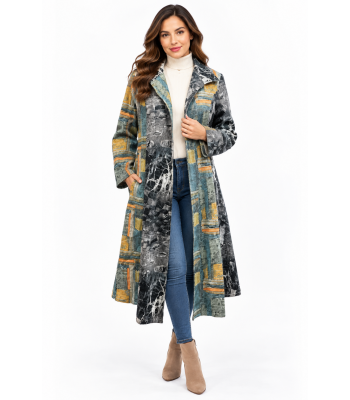 Cotton Gold Lie Multi Print Long Open Front Cardigan KBS25501