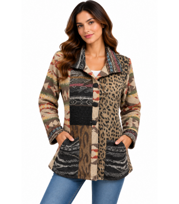 Women Multi Color Two Tone Aztec and Leopard Jacket KBS25503