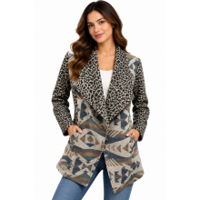 Women Leopard Aztec Open Front Cardigan Jacket KBS25504