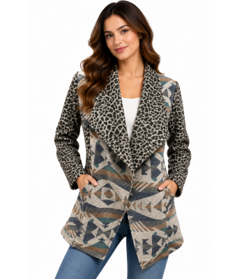 Women Leopard Aztec Open Front Cardigan Jacket KBS25504