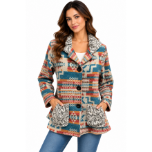 Women Multi Three Button Collar Aztec Vintage Jacket  KBS25508