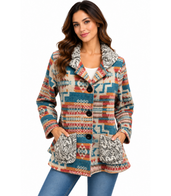 Women Multi Three Button Collar Aztec Vintage Jacket  KBS25508