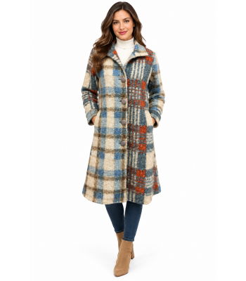 Women Plaid Red Multi Button Long Coat Jacket KBS25510