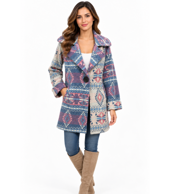 Women's Single Button Purple Multi Vintage Aztec Coat Jacket KBS25514