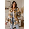 Women's Brown Four Button Paid Mountain Jacket Coat KBS26723