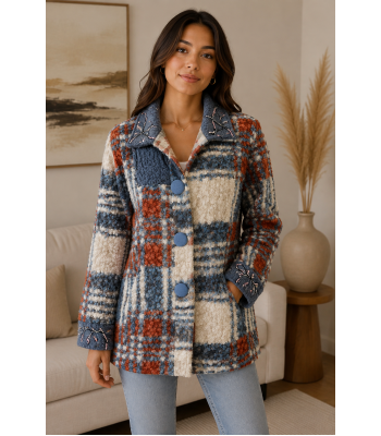 Women's Collar Embroidery Four Button Plaid Multi Jacket Coat KBS26724